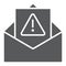 Spam warning glyph icon, letter and email, alert mail sign, vector graphics, a solid pattern on a white background.