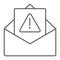 Spam warning thin line icon, letter and email, alert mail sign, vector graphics, a linear pattern on a white background.