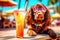 Spaniel dog is relaxing on the beach with a cocktail. Resort holiday concept. Generative AI