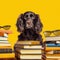 spaniel on a yellow background near the books