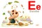 Spanish abc alphabet letter e escoba. Owl bird janitor sweeping leaves broom