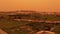 Spanish aerial townscape view during Calima sandstorm. Spain