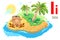 Spanish alphabet letter I island. Owl lie down and sunbathe beach tropical island