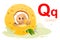 Spanish alphabet letter Q cheese translation Queso. Bird owl eating cheese