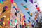 Spanish Catholic Holiday Party Decorations With Colored Flags In Barcelona