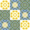 Spanish ceramic tiles azulejo talavera, pattern blue yellow decor for walls and floors, vector illustration