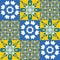 Spanish ceramic tiles azulejo talavera, pattern blue yellow decor for walls and floors, vector illustration