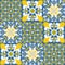 Spanish ceramic tiles azulejo talavera, pattern blue yellow for walls and floors, vector illustration