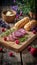 Spanish charcuterie board with jamon, pork sausage, fuet, cheese, and mixed berries