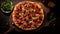 Spanish chorizo pizza - thin crust with slices of chorizo sausage, roasted red peppers, and cheeses