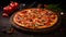 Spanish coca with onions, bell peppers and anchovy on a dark wooden background. Traditional vegetarian pizza or tarta in Spain.