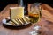 Spanish fino sherry wine from Andalusia and pieces of different sheep hard manchego cheeses made in La Mancha, Spain. Wine and