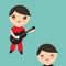 Spanish flamenco dancer card design, banner template. Kawaii cute face with pink cheeks winking eyes. Gipsy boy, guitar, on aqua b