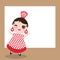 Spanish flamenco dancer card design, banner template. Woman Kawaii cute face pink cheeks, winking eyes. Gipsy girl, red dress, pol