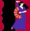 Spanish flamenco dancer dressed in long blue dress with fan on her hand stands against dark red background. Silhouette of guitars