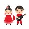 Spanish flamenco dancer set. Gipsy girl with fan and boy with guitar, red white dress, Isolated on white background. Kawaii cute f