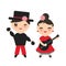 Spanish flamenco dancer set. Kawaii cute face with pink cheeks and winking eyes. Gipsy girl with guitar and boy with castanets, re