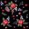 Spanish floral pattern with red roses, carnation, sage and bell flowers on black background. Manton fragment.