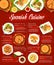 Spanish food menu, Spain cuisine dishes, tapas