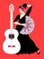 Spanish girl dressed in long black dress, with rose flower in her hair and with fan in her hand and white guitar