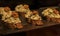 Spanish goat cheese and walnut pintxos in a restaurant in San Sebastian, Spain