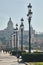 Spanish landmark in Barcelona of hill Montjuic in light from the front, Spain square. 02. 25. 2019 Spain