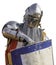 Spanish medieval knight with a helmet and a shield isolated on a white background