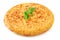 Spanish omelette isolated on white background. Traditional dish from Spanish cuisine with eggs and potato -  tortilla de patatas.