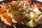 Spanish Pork Kabobs - Pinchos Morunos and Potatoes salad closeup