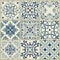 Spanish or Portuguese vector tile pattern, Lisbon floral mosaic, Mediterranean seamless navy blue ornament.Ornamental tile