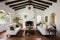 spanish revival interior room with whitewashed beam ceiling