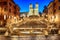 Spanish Steps and Fontana della Barcaccia night view, no people, Rome, Italy