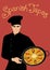 Spanish Tapas. Handsome Spanish chef wearing a kitchen hat holding a pan with typical Spanish Paella
