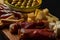 A Spanish tapas plate on a rustic wooden tray  with a variety of cheese, typical meat  and bread