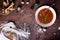 Spanish tomato soup with parsley, spices and crispy bread for lunch. View from above, copy space.