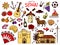 Spanish traditional symbols and objects. Set of signs and icons in vintage style. Hand Drawn. Guitar, futbol, music and