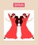 Spanish twin girls with long black hair dancing flamenco. Beautiful card