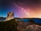 The Spanish watchtower of Porto Giunco at night, Villasimius, Sardinia, Italy