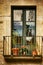 Spanish Windows with Balcony, Decorated With Fresh Flowers, Vintage Style