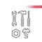 Spanner or wrench, bolt, nut and screwdriver hardware tools thin line icon set.