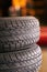 Spare wheels. Closeup shot of a pile of car tyres.