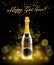 Sparkling bottle of champagne with golden serpentine on black background, bokeh effect with happy new year sign