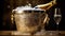 Sparkling Celebration: Silver Champagne Bucket with Chilled Bottle and Glittery Gold Backdrop