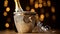 Sparkling Celebration: Silver Champagne Bucket with Chilled Bottle and Glittery Gold Backdrop