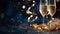 Sparkling Celebrations Festive Happy New Year with Christmas and New Year Holidays Background, Champagne Glass, Golden Ribbon,