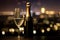 Sparkling champagne glasses and bottle with spectacular view over city. Silvester celebration, New Year\\\'s Eve,