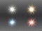 Sparkling color lights set on transparent background. Glowing Christmas stars collection. Bright glare effects and rays