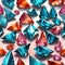 Sparkling crystal gemstones in blue pink and orange, faceted gem background