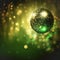 Sparkling disco ball luxurious green background, sparkling flying sparkles, bokeh, square frame. Creative holiday design