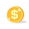 Sparkling dollar coin gold icon with a flat and simple cartoon style
